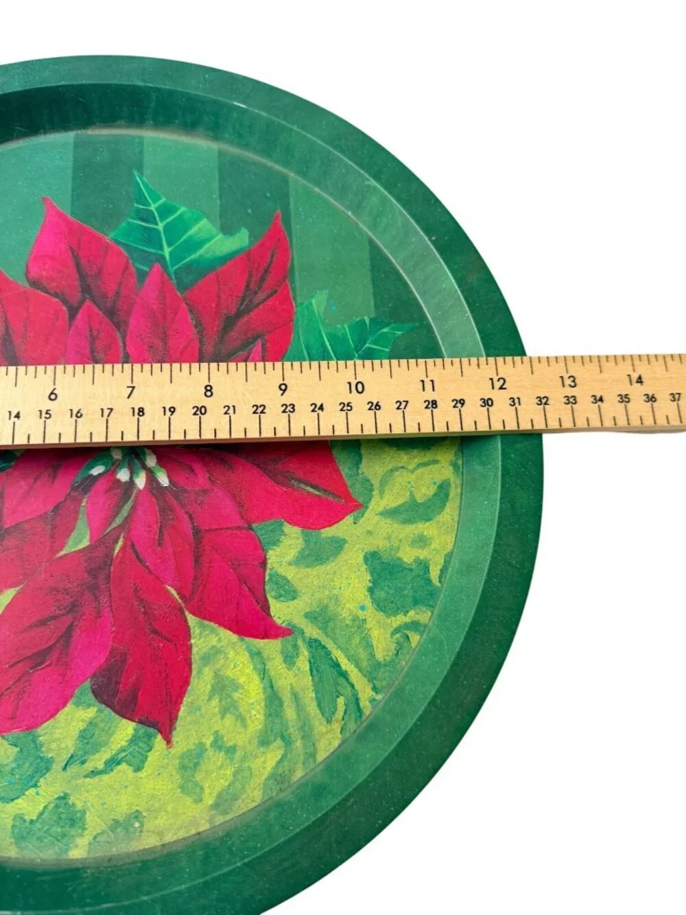 Vintage Poinsettia Christmas Metal Serving Tray Round 12